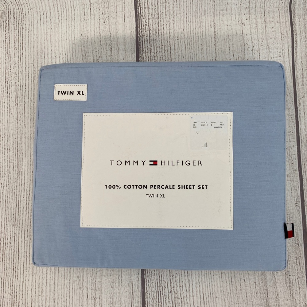 Tommy Hilfiger Sheet Set Twin XL Blue 100% Cotton Percale Preppy Crisp Dorm
